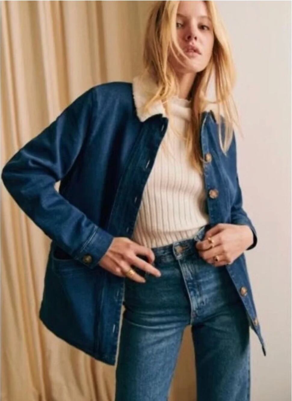 Sezane Will Forever Jean Jacket Indigo Blue Denim Sherpa Oversized Size XXL